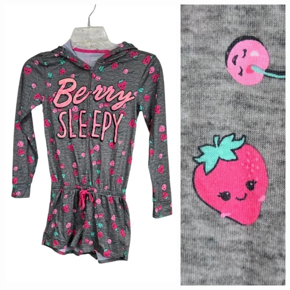 Justice Strawberry Pajama Romper Girls 6 7 Hooded Sleepwear Lounge One Piece Pjs
